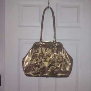 Patricia Nash  petals  leather rose pattern  satchel handbag  gold  metallic